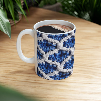 Blueberry Blue Crochet, White Accents, Classic Textured Pattern - Ceramic Mug 11oz