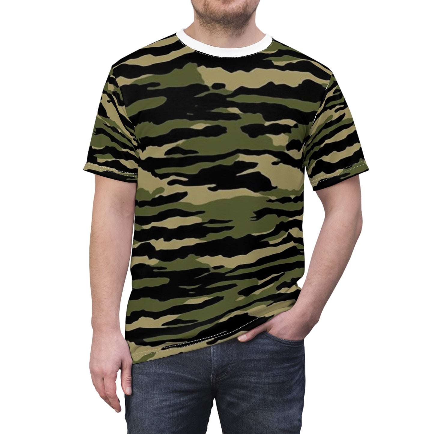 Camuflaje de rayas de tigre: estilo militar - Camiseta unisex cortada y cosida (AOP) 