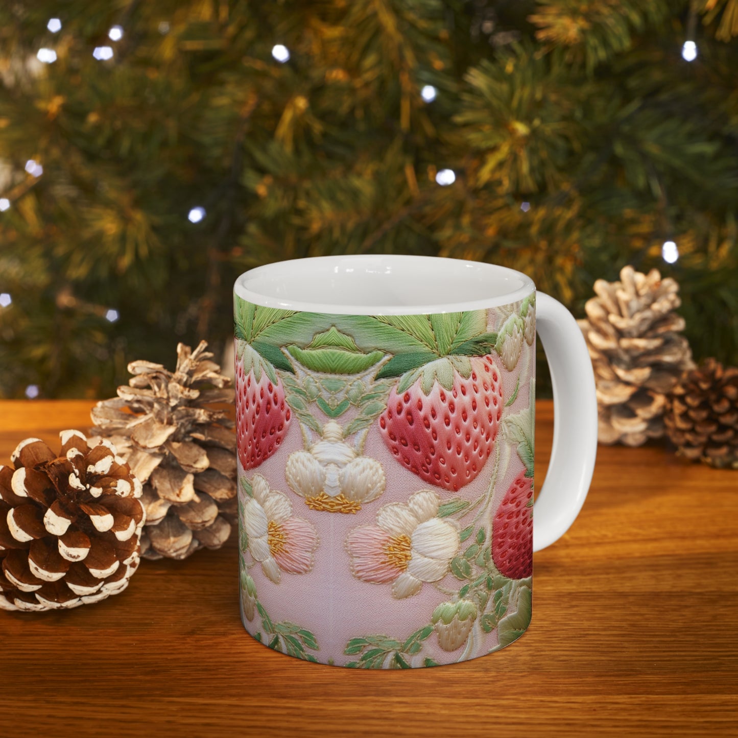 Red Berry Strawberries - Embroid Fruit - Healthy Crop Feast Food Design - Ceramic Mug 11oz