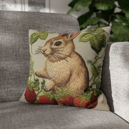 Strawberry Bunny Rabit - Embroidery Style - Strawberries Fruit Munchies - Easter Gift - Spun Polyester Square Pillow Case