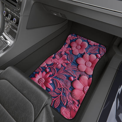 Denim Blue Doll Pink Floral Embroidery Style Fabric Flowers - Car Mats (Set of 4)