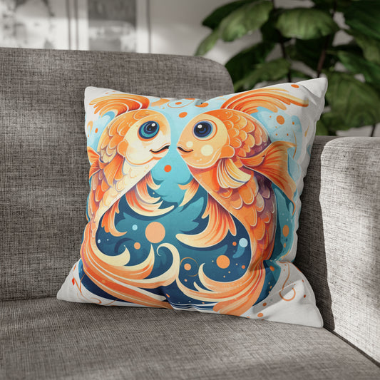 Charming Cartoon Fish Pisces - Dreamy Zodiac Illustration - Spun Polyester Square Pillow Case