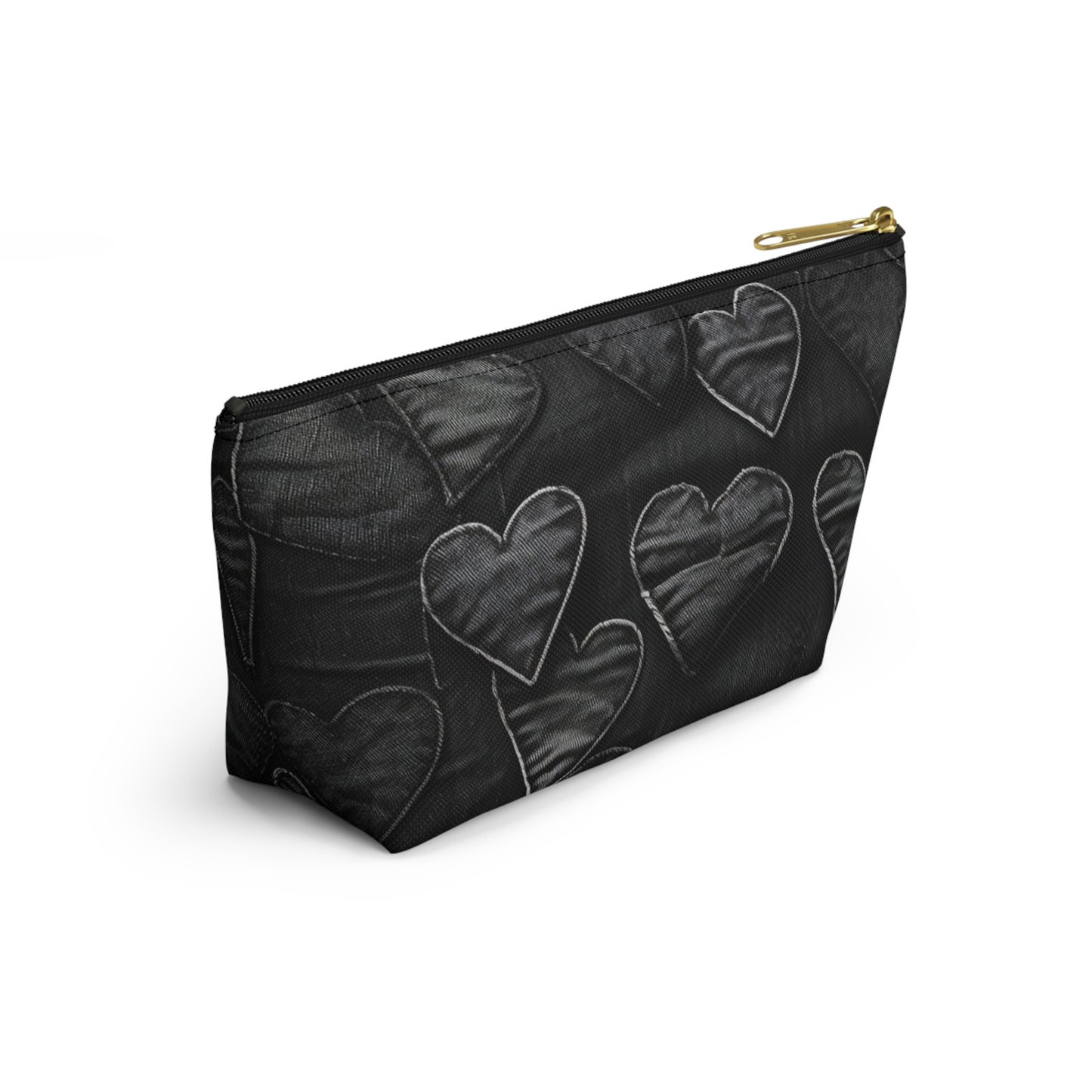 Negro azabache: diseño de bordado de corazón de tela desgastada inspirado en la mezclilla - Bolsa para accesorios con parte inferior en T 