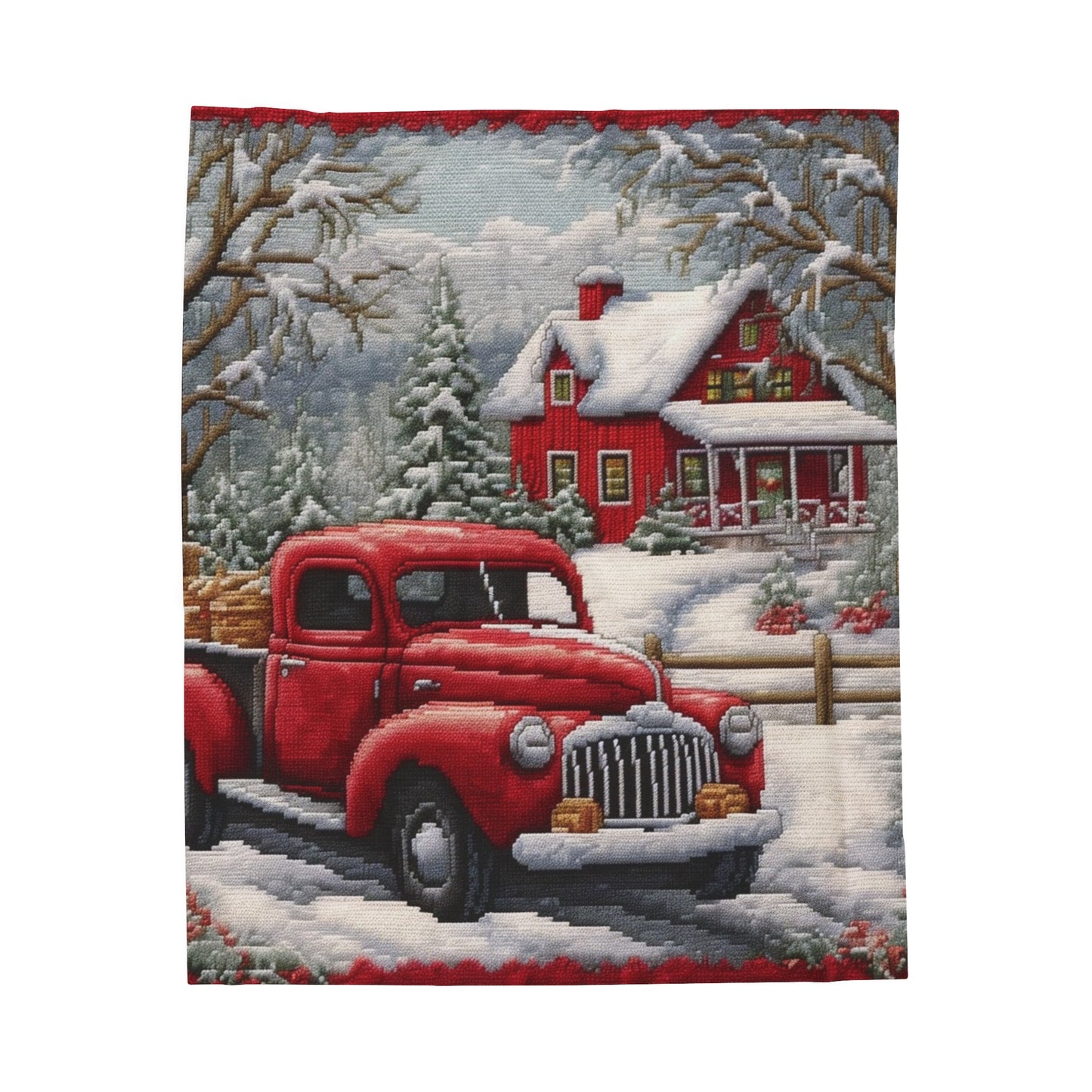 Red Truck Christmas Embroidery: Needlepoint Festive Winter Scene Threadwork - Velveteen Plush Blanket