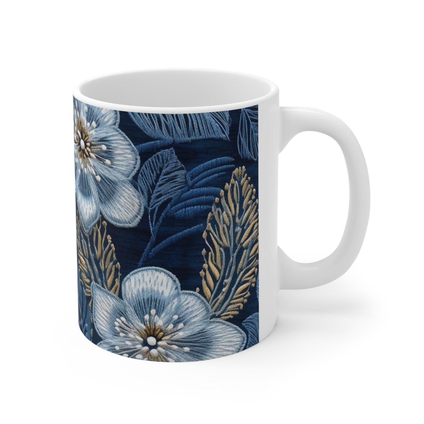 Flower Blossom Embroidery Floral on Denim Style - Ceramic Mug 11oz