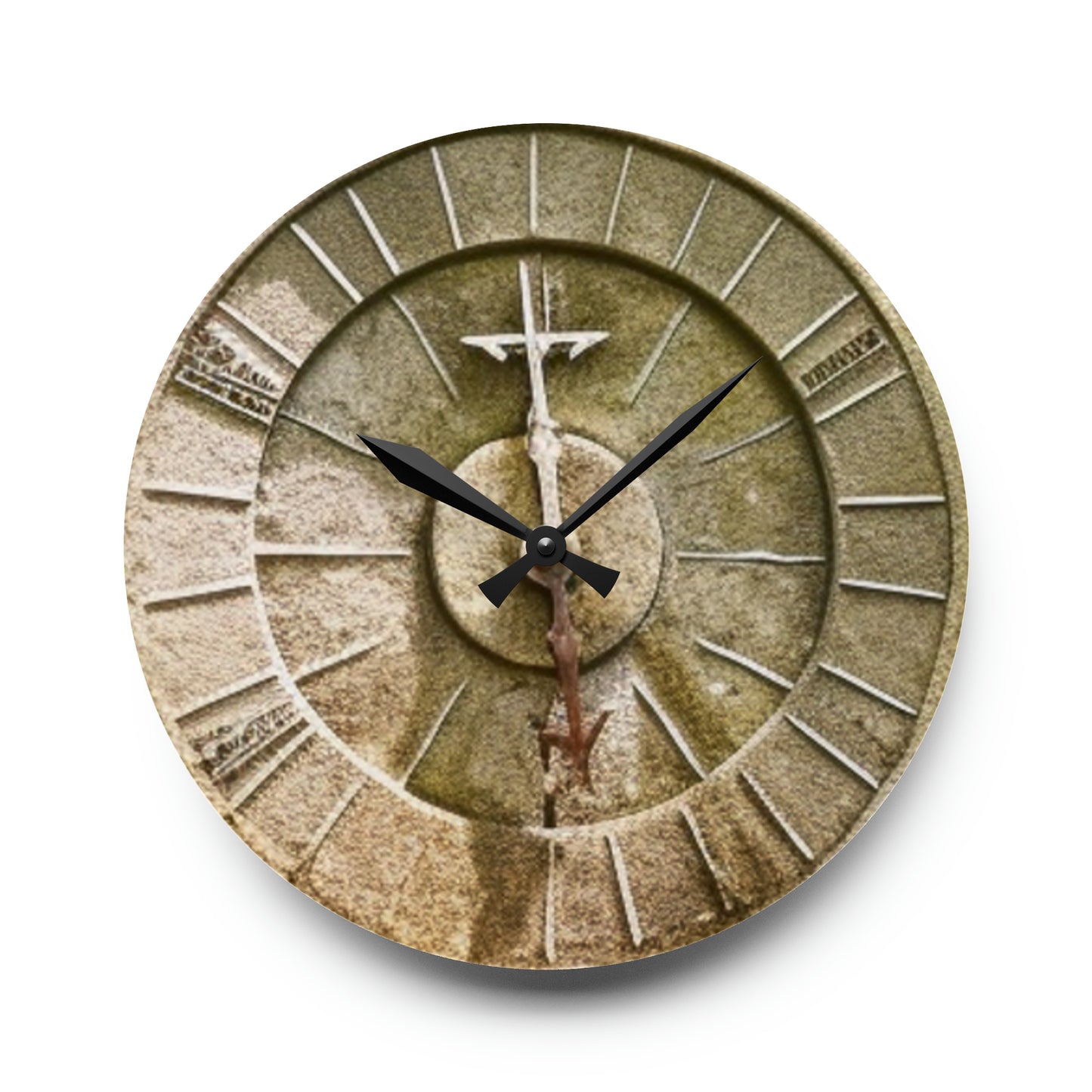 Ancient Stone Sundial, Tranquil Garden, Acrylic Wall Clock