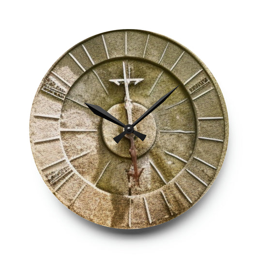 Ancient Stone Sundial, Tranquil Garden, Acrylic Wall Clock