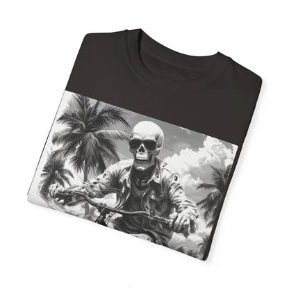 Biker Skeleton Wearing Sunglasses, Riding Sunset Boulevard in California Motorcycle, Unisex Garment-Dyed T-shirt