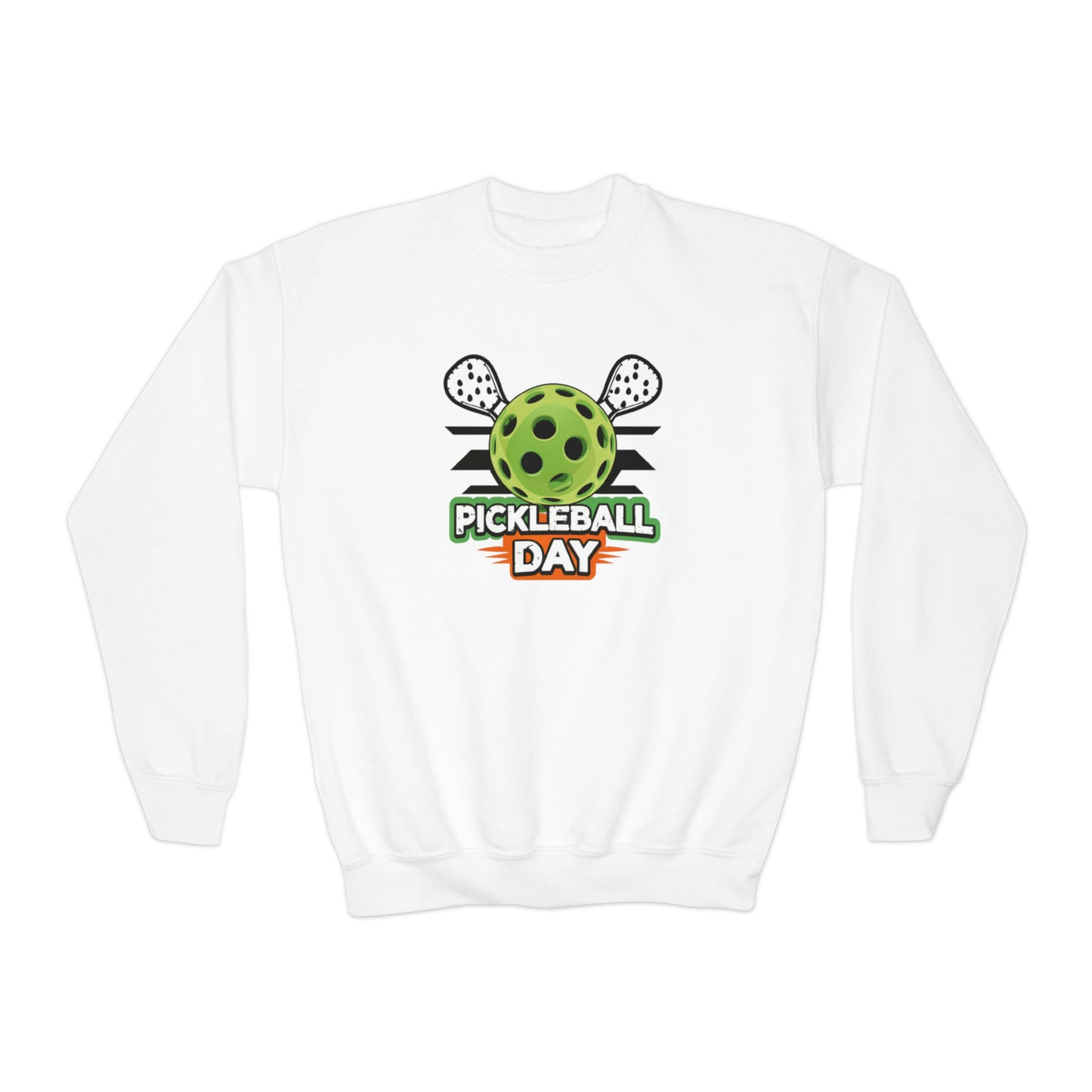 Diseño dinámico del día de Pickleball con paletas cruzadas y gráfico de pelota – Sudadera con cuello redondo para jóvenes