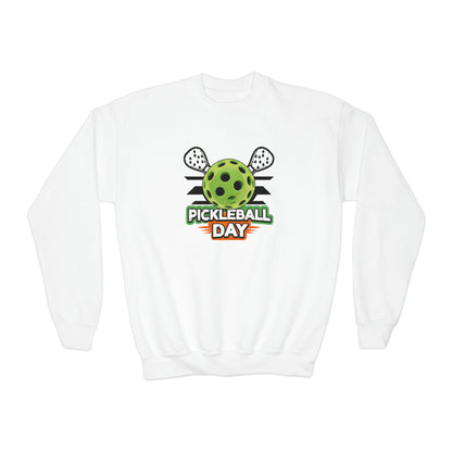 Dynamic Pickleball Day Design with Crossed Paddles and Ball Graphic - Youth Crewneck Sweatshirt