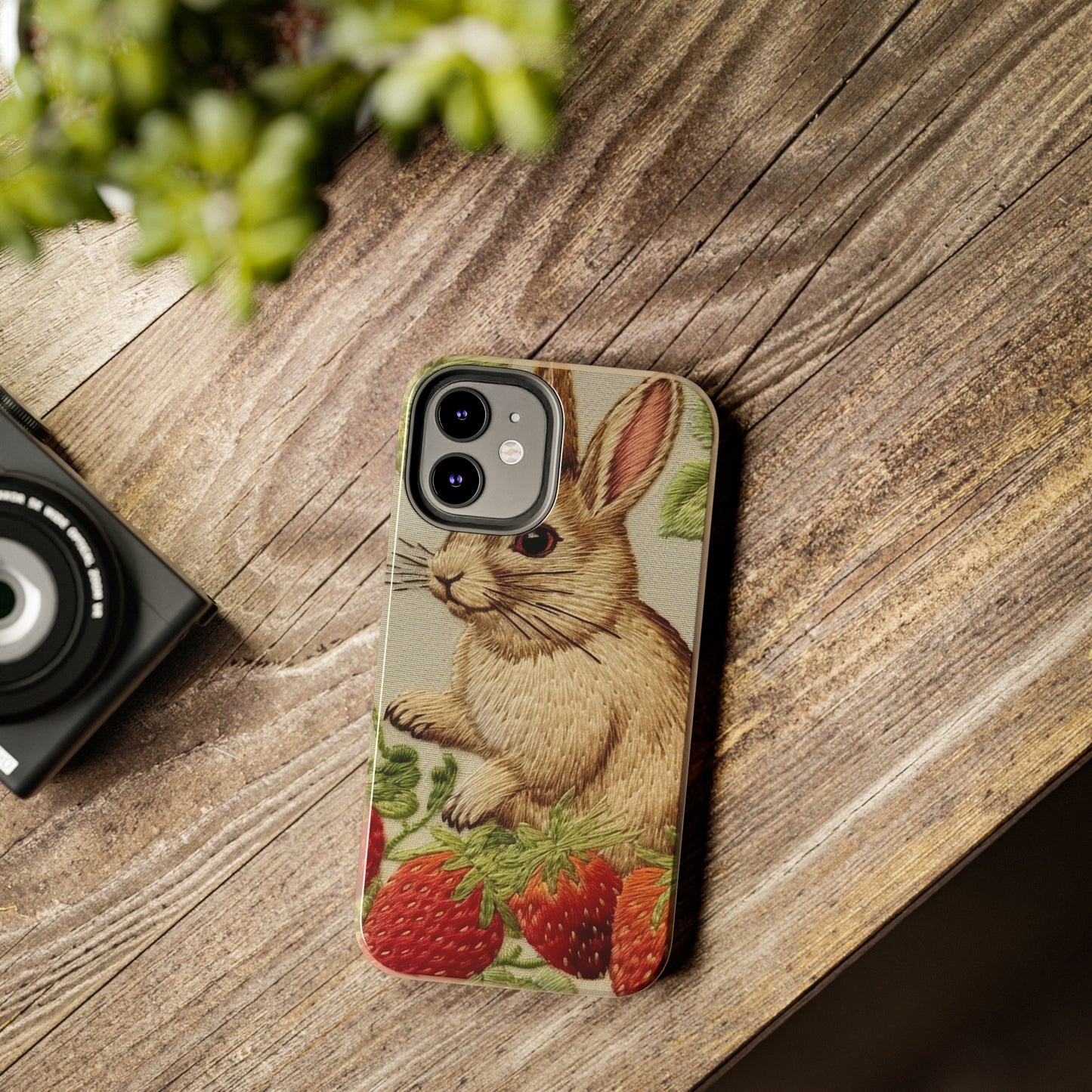 Strawberry Bunny Rabit - Embroidery Style - Strawberries Fruit Munchies - Easter Gift - Tough Phone Cases