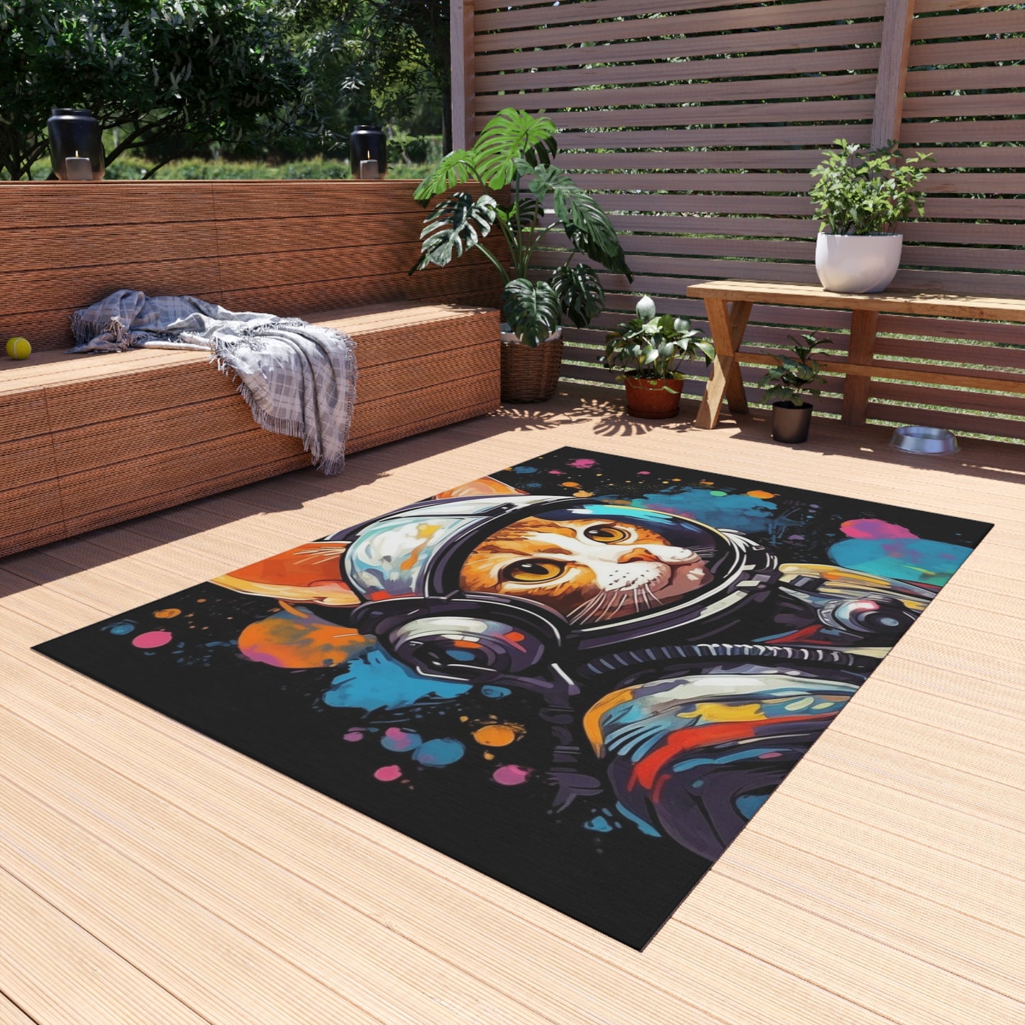 Astro Cat Adventure Feline - Pop Art, Floating in Cosmic Space - Outdoor Rug