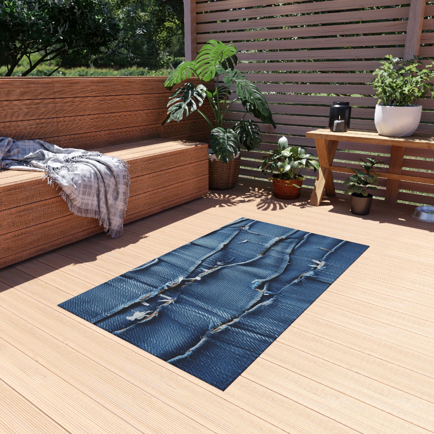 Midnight Blue Distressed Denim: Rugged, Torn & Stylish Design - Outdoor Rug