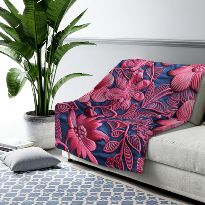 Denim Blue Doll Pink Floral Embroidery Style Fabric Flowers - Sherpa Fleece Blanket