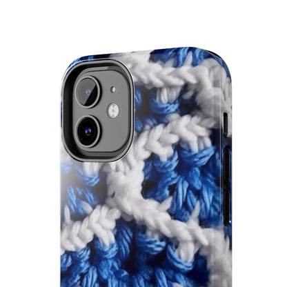 Blueberry Blue Crochet, White Accents, Classic Textured Pattern - Tough Phone Cases