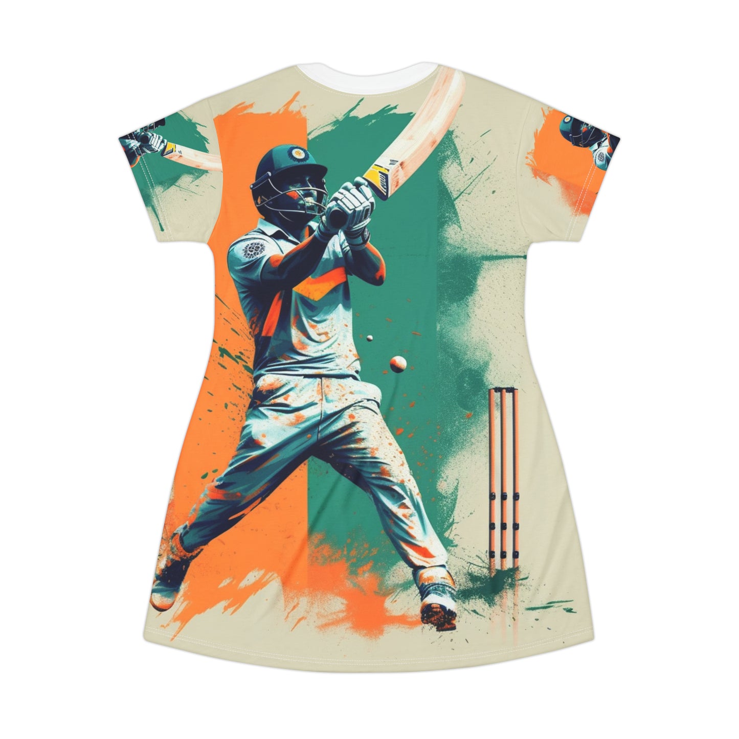 Cricket Batsman, Ball Strike, Indian Flag Color Background - Street Style - T-Shirt Dress (AOP)