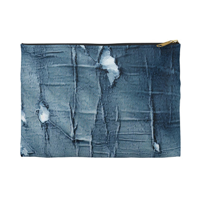 Distressed Blue Denim-Look: Edgy, Torn Fabric Design - Accessory Pouch