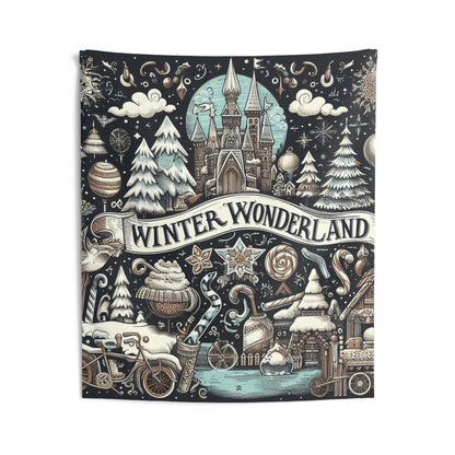 Winter Wonderland Enchantment: Nostalgic Christmas Snowscape with Majestic Castle and Festive - Indoor Wall Tapestries