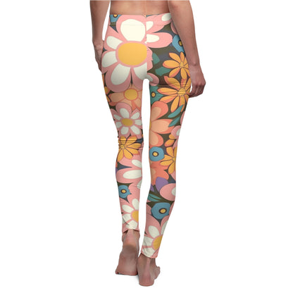 Groovy 1960s 1970s Pink & Orange Daisy Mod Floral - Women's Cut & Sew Casual Leggings (AOP)