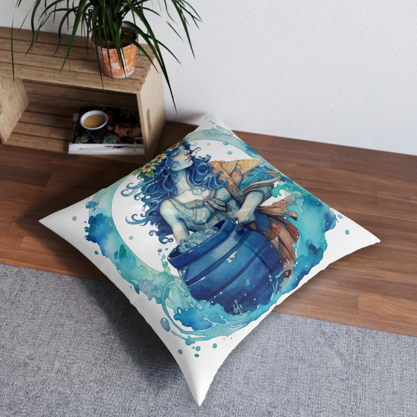 Artistic Aquarius Zodiac - Watercolor Water-Bearer Depiction - Tufted Floor Pillow, Square