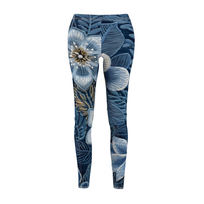 Flower Blossom Embroidery Floral on Denim Style - Women's Cut & Sew Casual Leggings (AOP)