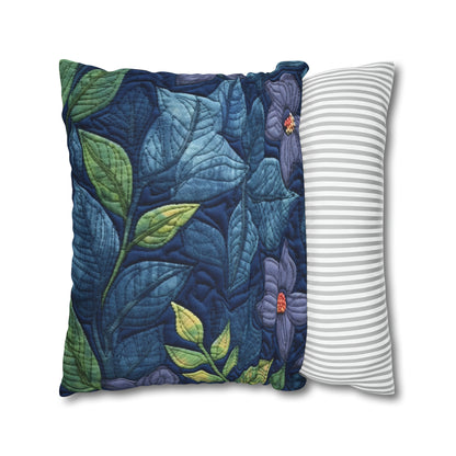 Floral Embroidery Blue: Denim-Inspired, Artisan-Crafted Flower Design - Spun Polyester Square Pillow Case