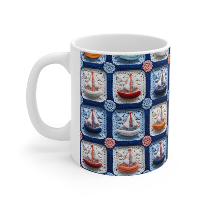 Ganchillo Barco Barco Mar Buque Océano Playa Viaje Yate Diseño - Taza de Cerámica 11oz