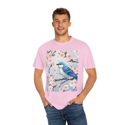 Cherry Blossom Tree Blue Bird Unisex Garment-Dyed T-shirt