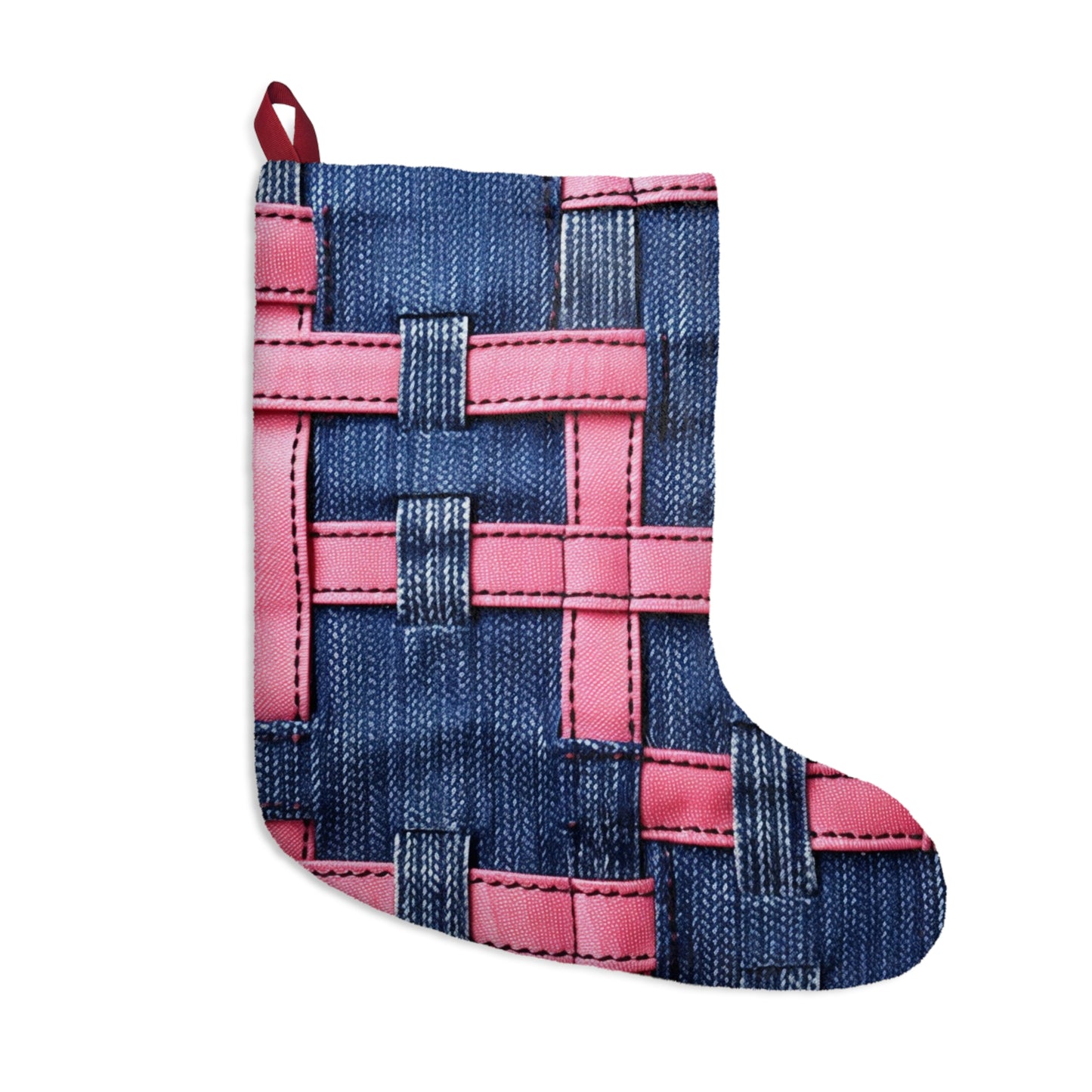 Candy-Striped Crossover: Pink Denim Ribbons Dancing on Blue Stage - Christmas Stockings