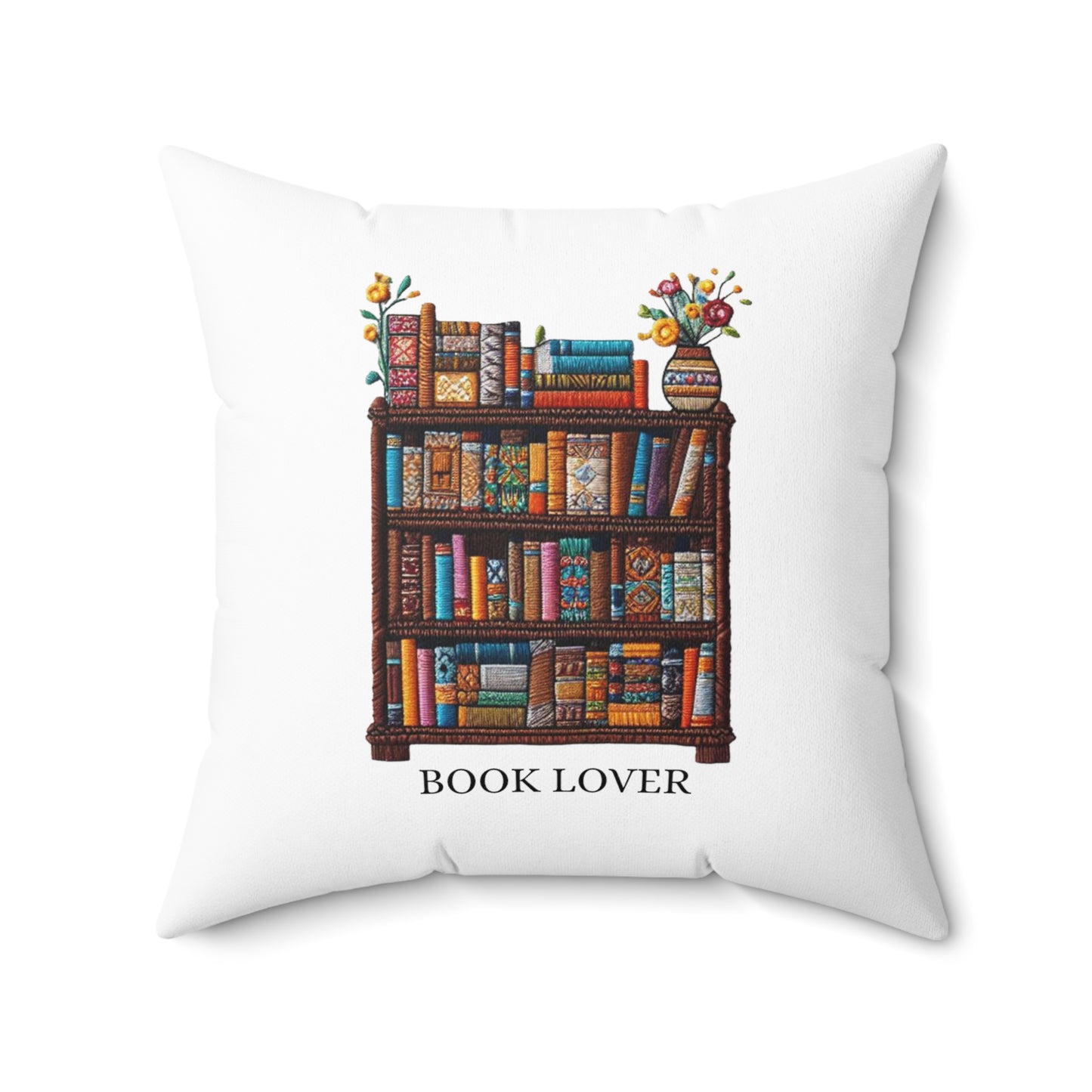 Crafted Book Lover Embroidery: Artisanal Bookshelf Design for Bibliophiles - Spun Polyester Square Pillow