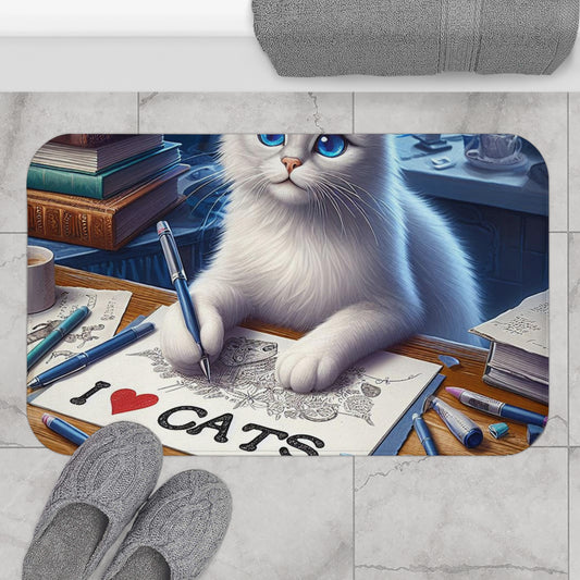 Artistic White Cat Drawing I Love Cats, Creative Feline Illustration, Cat Lover Dream - Bath Mat