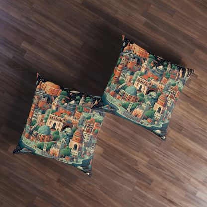 Galactic Metropolis Pattern, Sci-Fi Inspired - Tufted Floor Pillow, Square