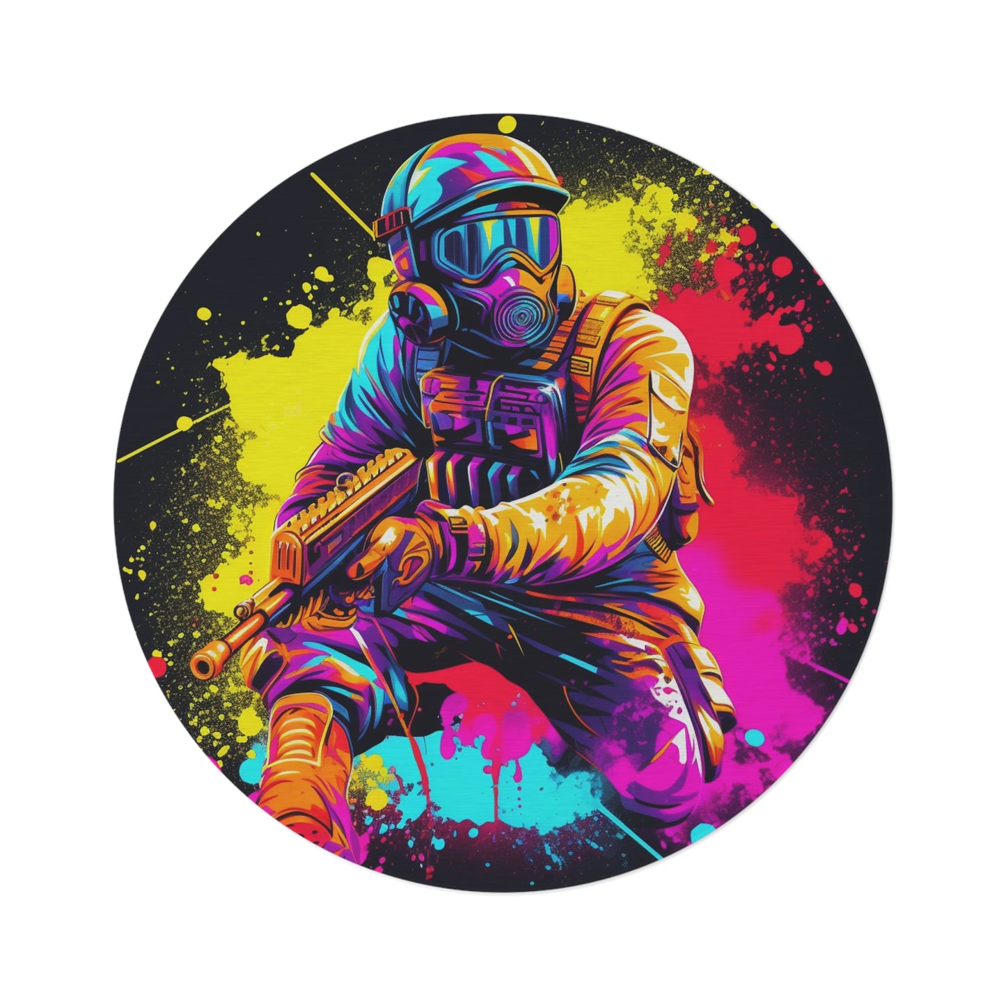 Paintball Action Sport: Player in Battle, Paint Splatter - Round Rug