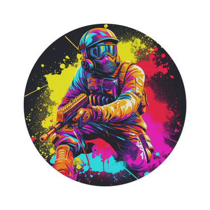 Paintball Action Sport: Player in Battle, Paint Splatter - Round Rug