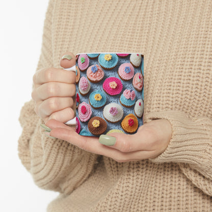 Diseño de panadería de postre de pastel helado con tratamiento de magdalenas de ganchillo - Taza de cerámica de 11 oz