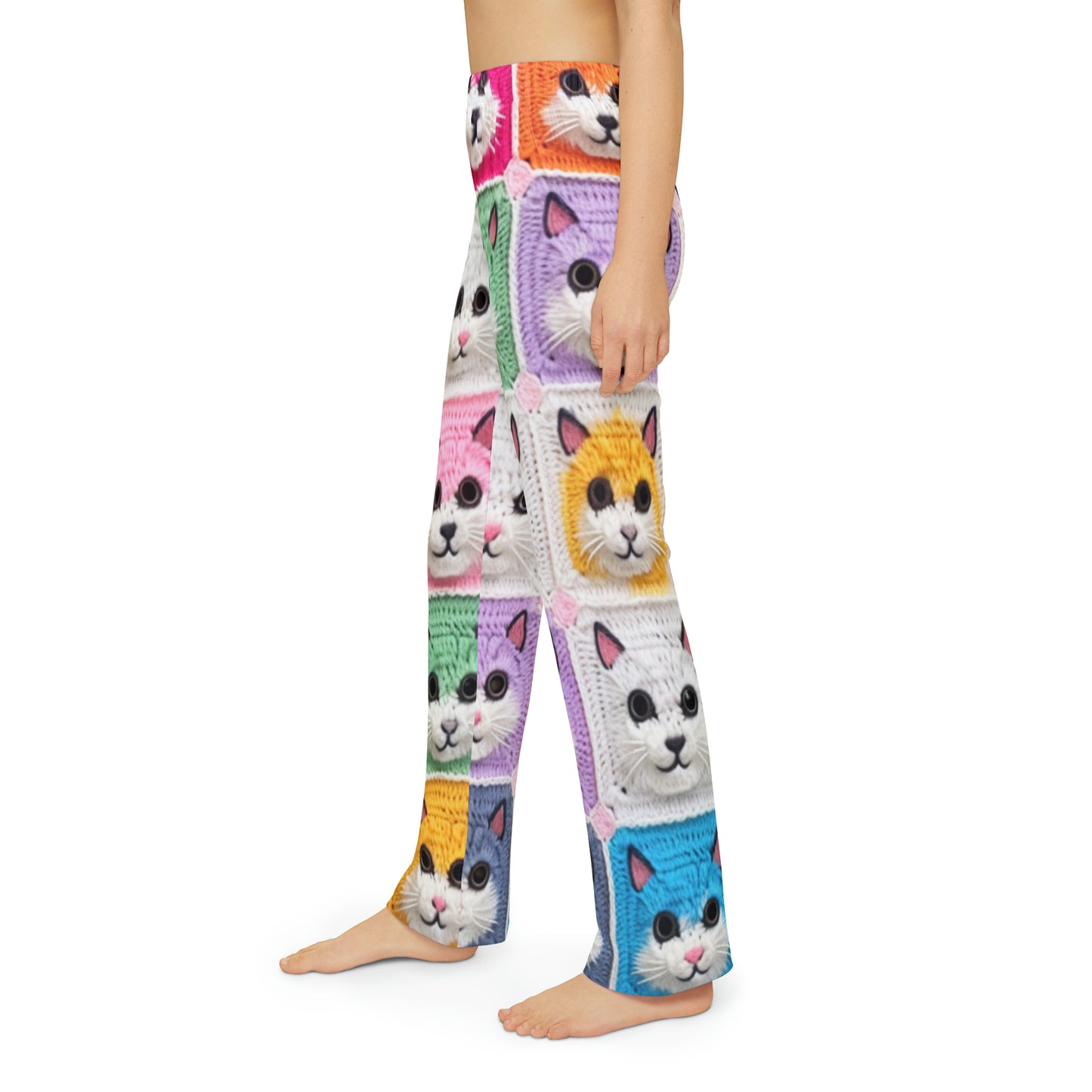 Gato de ganchillo, algodón de verano, felino, cárdigan de gato retro, creación de algodón de ganchillo gatito - Pantalones de pijama para niños (AOP) 