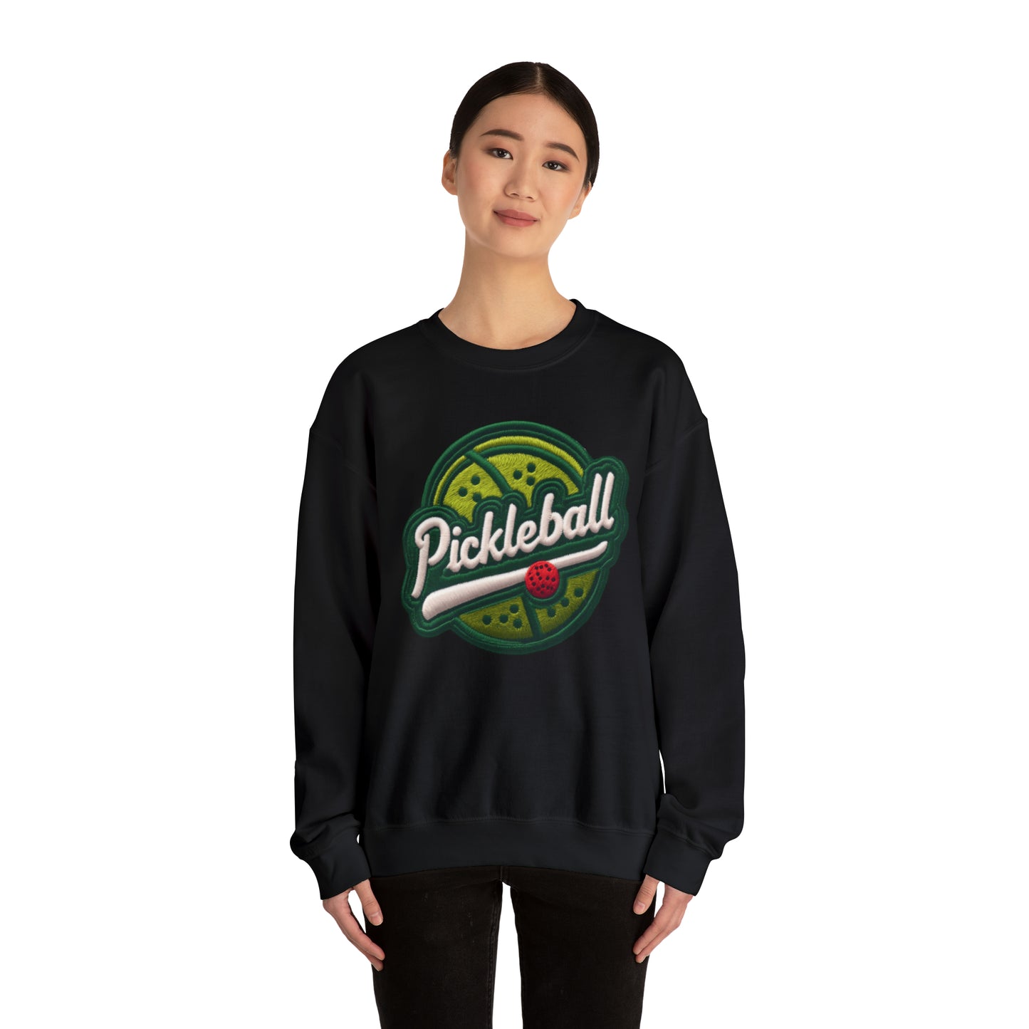 Bordado deportivo Pickleball - Insignia de parche de chenilla - Sudadera unisex con cuello redondo Heavy Blend™