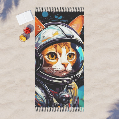 Astro Cat Adventure Feline - Pop Art, Floating in Cosmic Space - Boho Beach Cloth