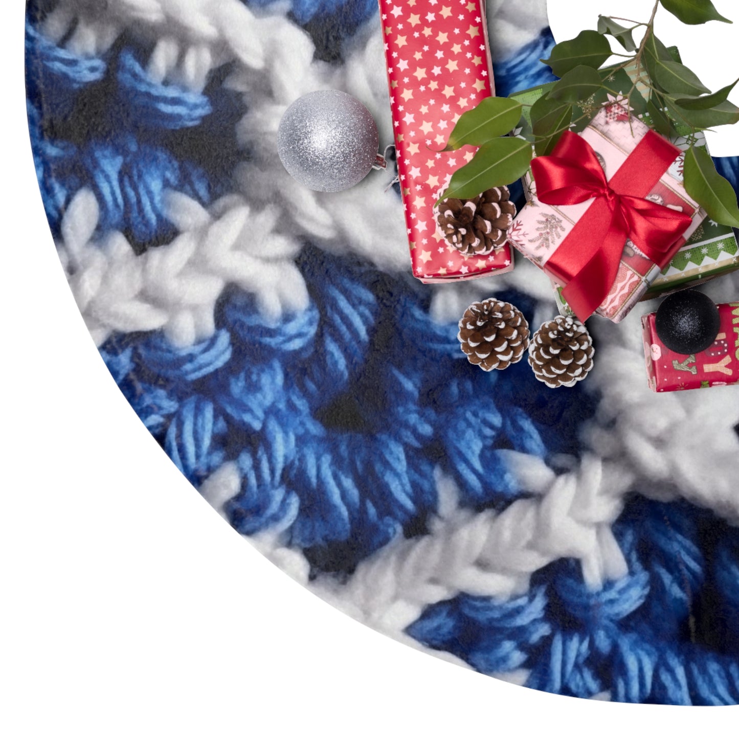 Blueberry Blue Crochet, White Accents, Classic Textured Pattern - Christmas Tree Skirts