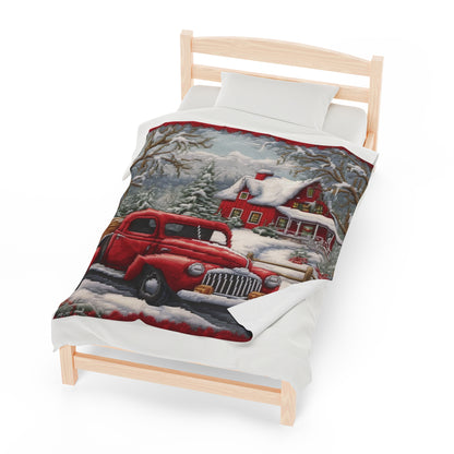 Red Truck Christmas Embroidery: Needlepoint Festive Winter Scene Threadwork - Velveteen Plush Blanket