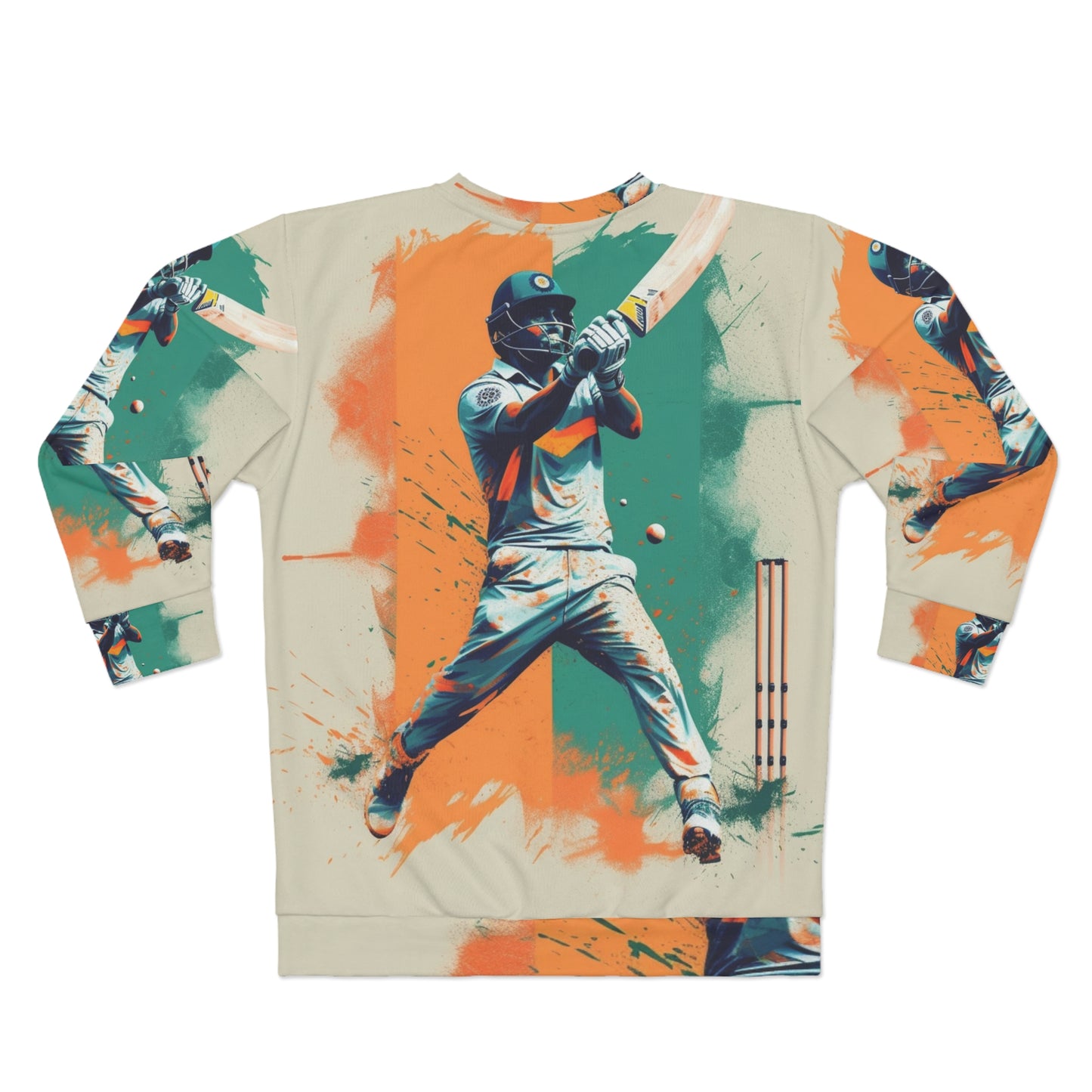 Cricket Batsman, Ball Strike, Indian Flag Color Background - Street Style - Unisex Sweatshirt (AOP)