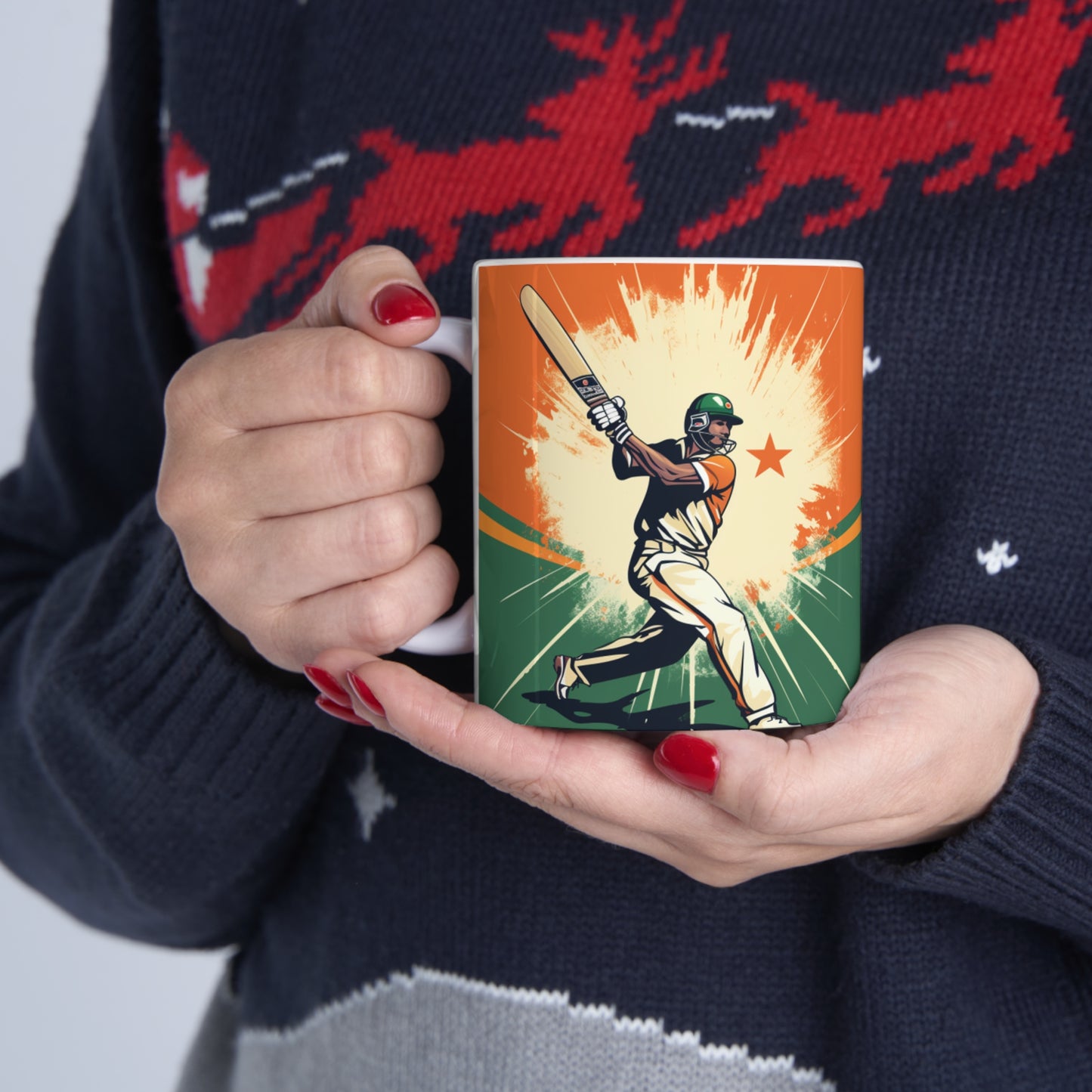 India Cricket Star: Batsman With Willow Bat, National Flag Style - Sport Game - Ceramic Mug 11oz