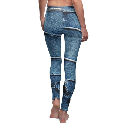 Midnight Blue Distressed Denim: Rugged, Torn & Stylish Design - Women's Cut & Sew Casual Leggings (AOP)