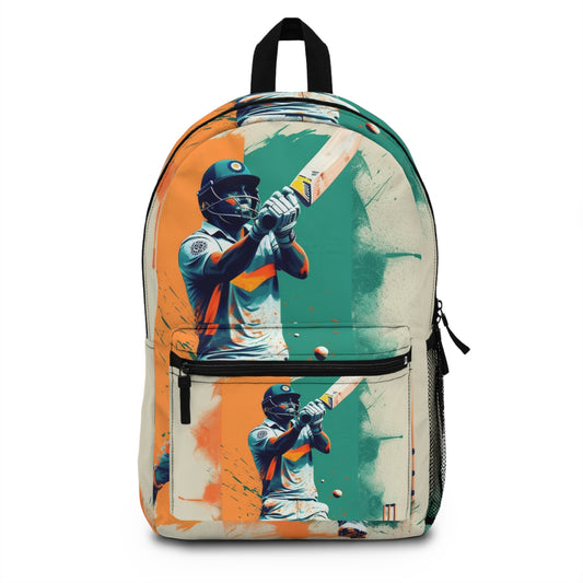 Cricket Batsman, Ball Strike, Indian Flag Color Background - Street Style - Backpack