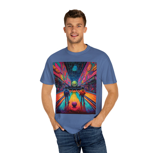 Trippy Bowling Alley: Retro-Futuristic Pin Strike Zone - Unisex Garment-Dyed T-shirt