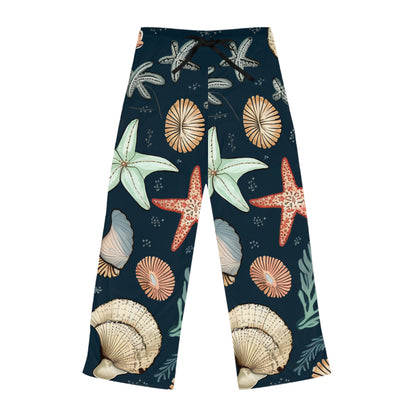 Pantalones de pijama para mujer con estampado de conchas marinas y estrellas de mar (AOP) 