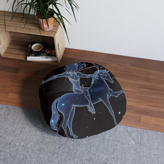 Sagittarius Zodiac in Starlit Universe - Fluorescent Colors - Tufted Floor Pillow, Round