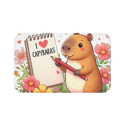 Capybara Holding Pencil and Notepad with I Love Capybaras, Cute Rodent Surrounded by Flowers and Butterflies, Bath Mat