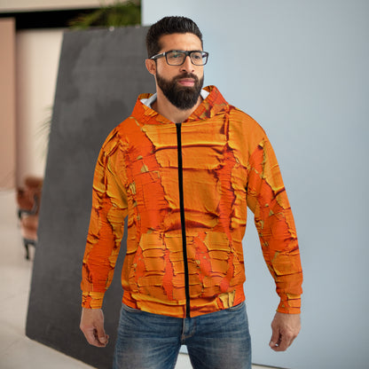 Fiery Citrus Orange: Edgy Distressed, Denim-Inspired Fabric - Unisex Zip Hoodie (AOP)