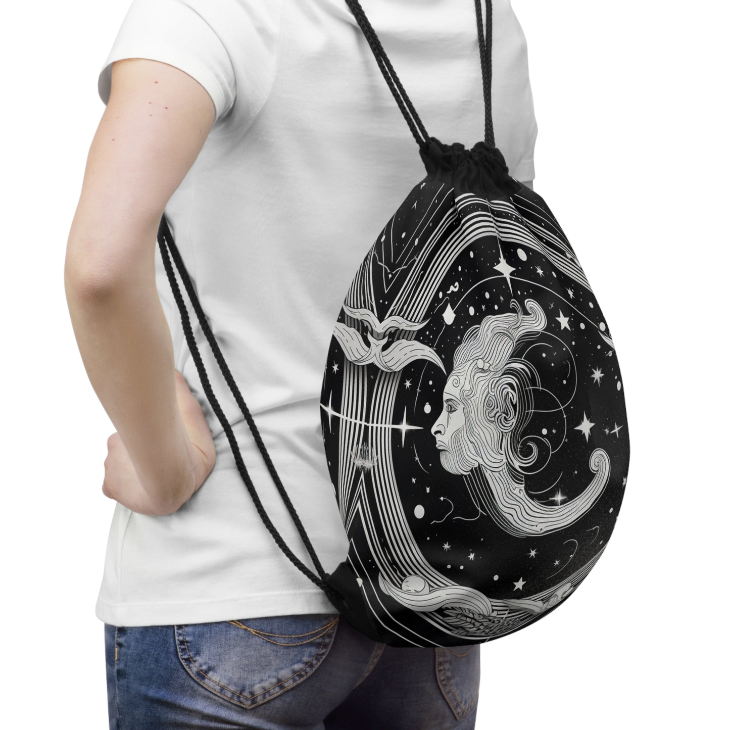 Aquarius Zodiac - Drawstring Bag - Black & White Mystical Design